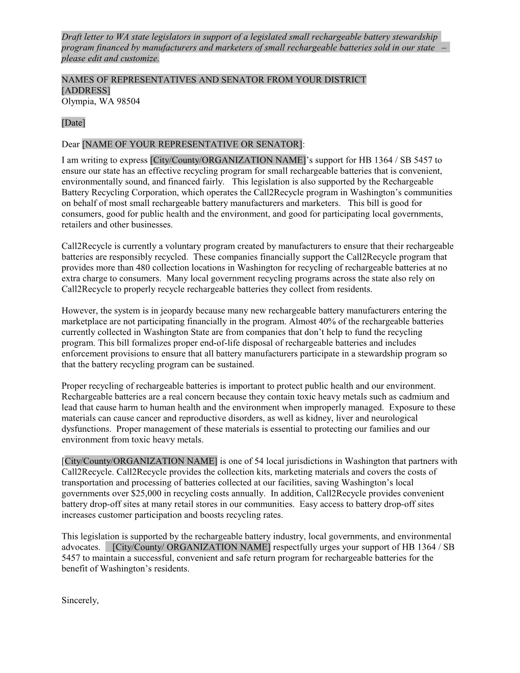 Sample Letter of Support for Rechargeable Battery Legislation in Washington