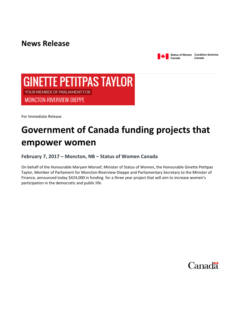 Government of Canada Funding Projects That Empower Women