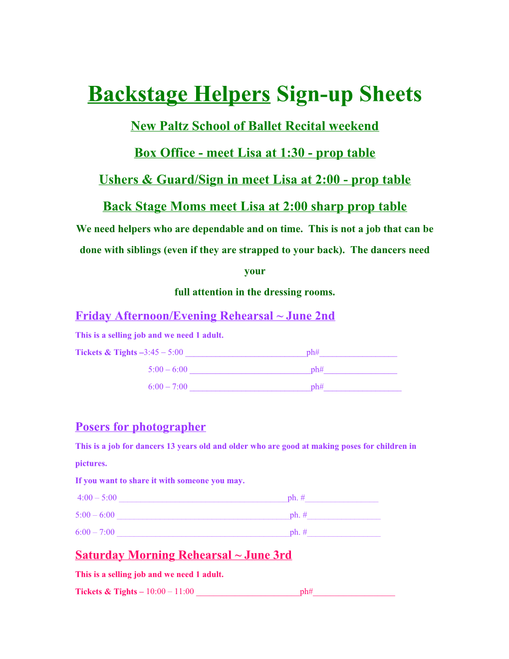 Backstage Helpers Sign-Up Sheets New Paltz School of Ballet Recital Weekend