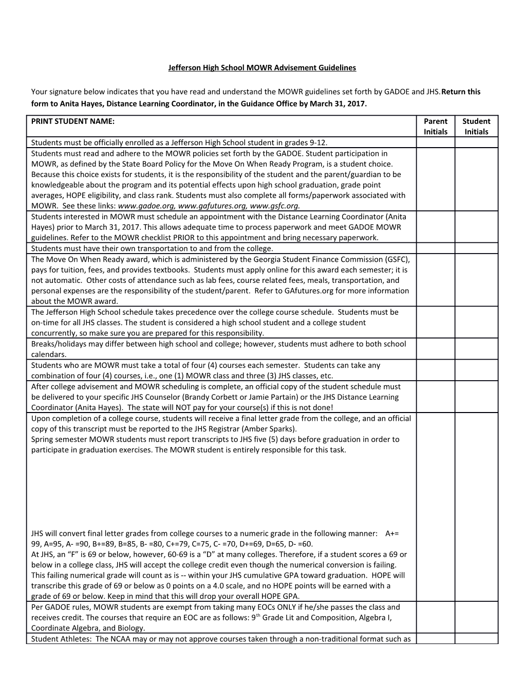 Jefferson High School MOWR Advisement Guidelines