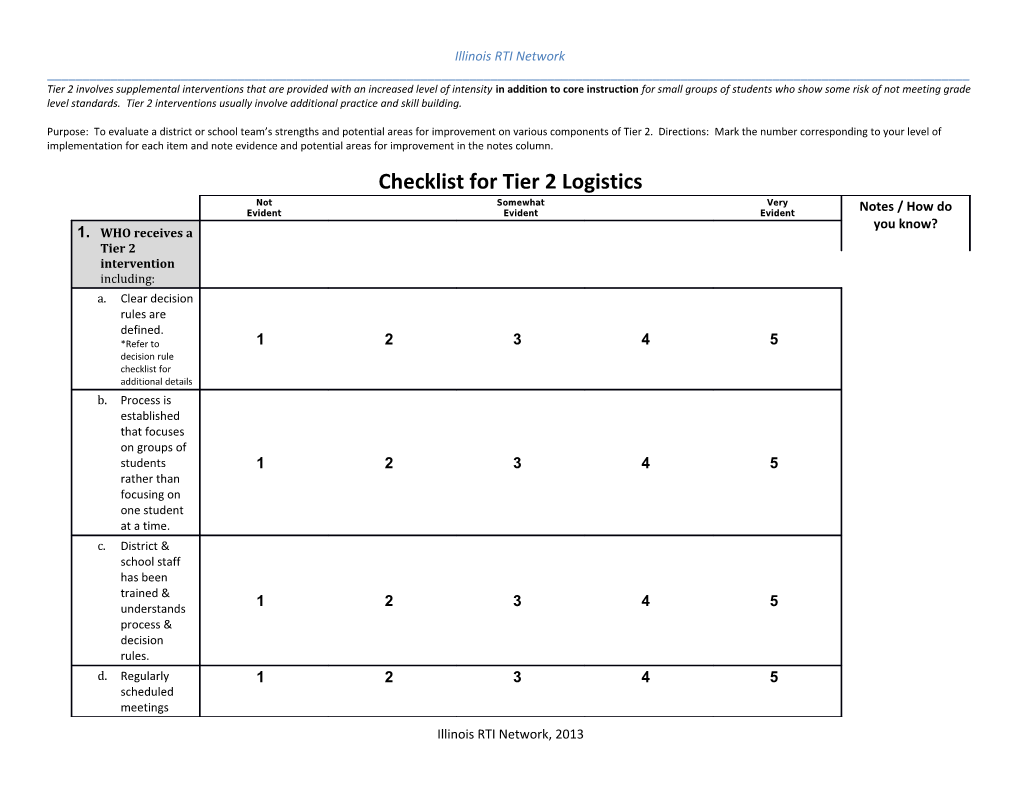 Checklist for Tier 2 Logistics