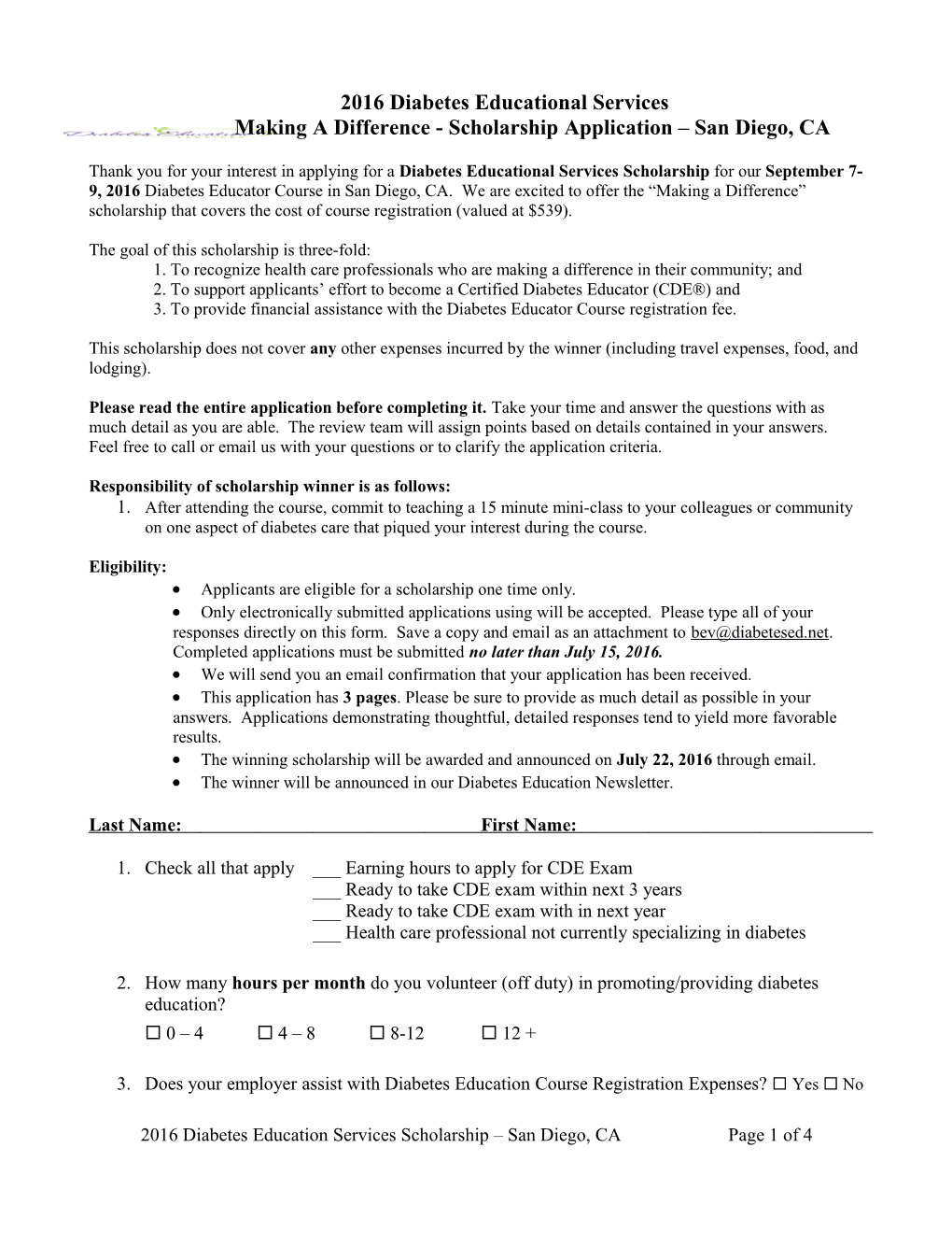 Scholarship Application-Oakland Diabetes Educator Course
