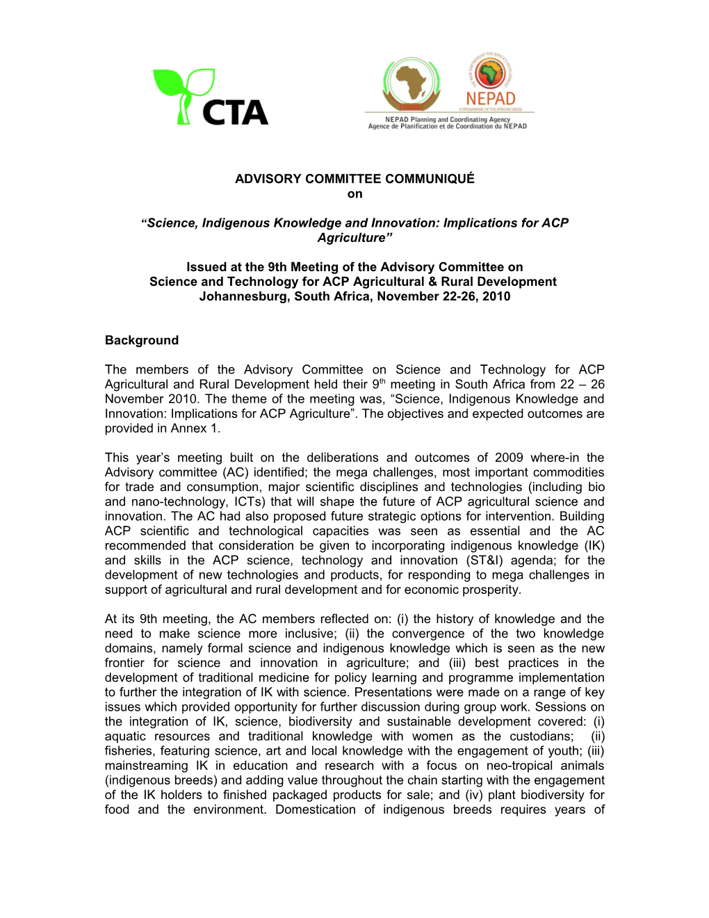 Science, Indigenous Knowledge and Innovation: Implications for ACP Agriculture