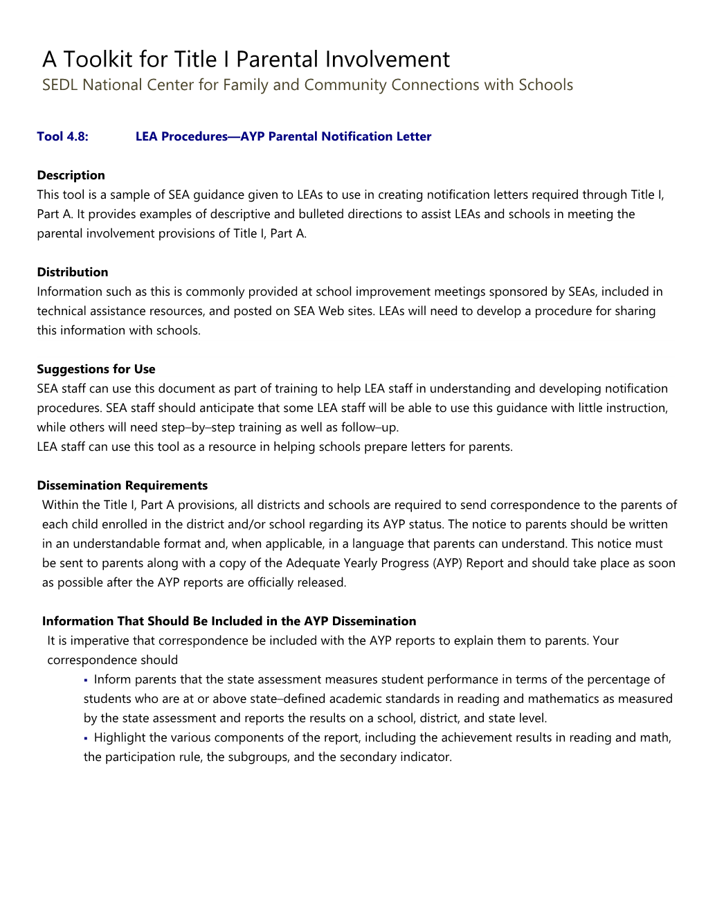 Tool 4.8:LEA Procedures AYP Parental Notification Letter