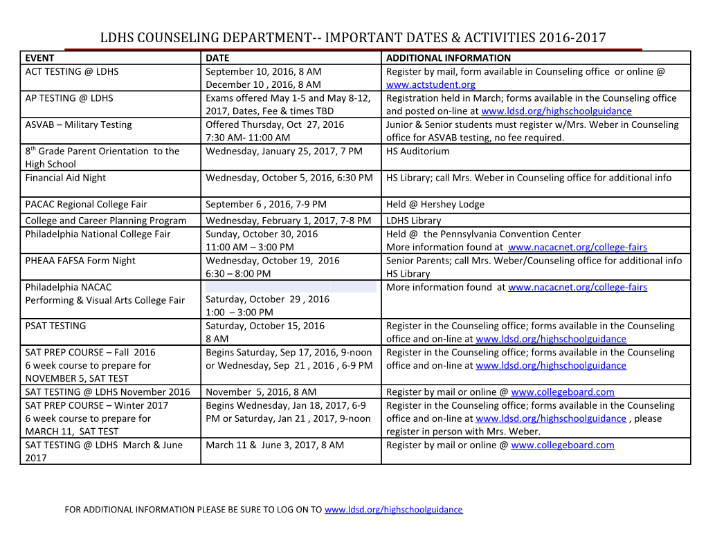 Ldhs Guidance Important Dates & Activities 2008-2009