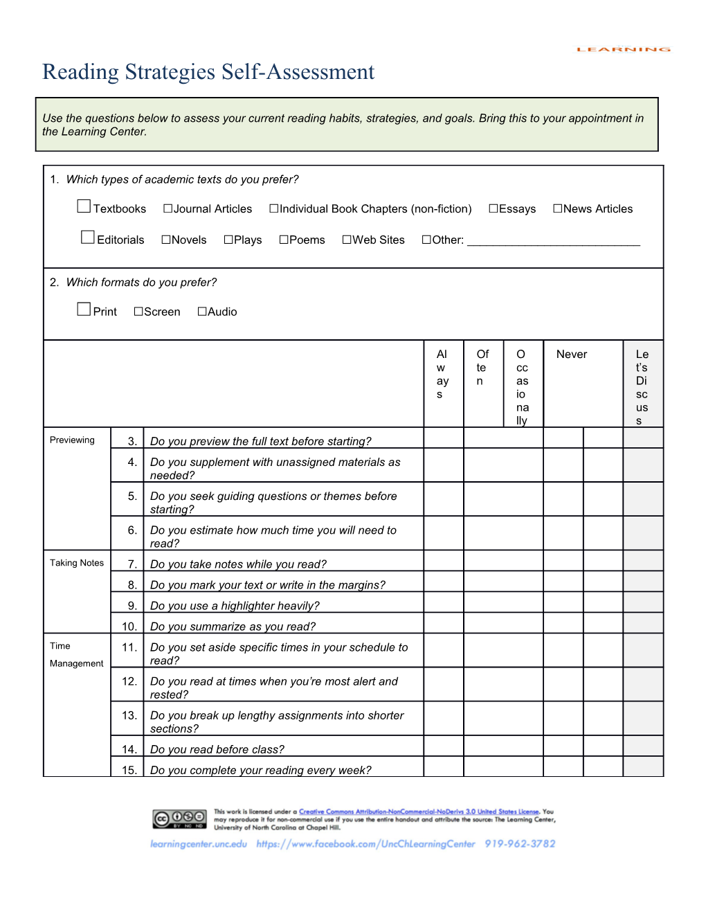 Reading Strategies Self-Assessment