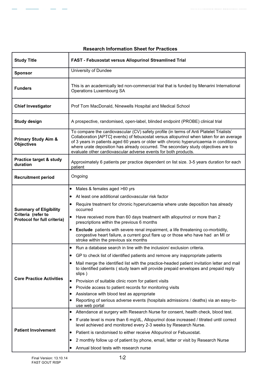 Research Information Sheet for Practices