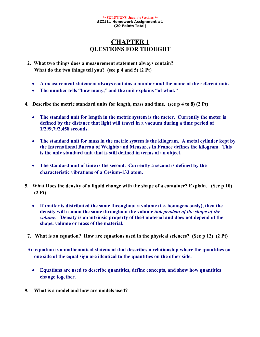 SOLUTIONS Jaquin S Sections SCI111 Homework Assignment #1 (20 Points Total)