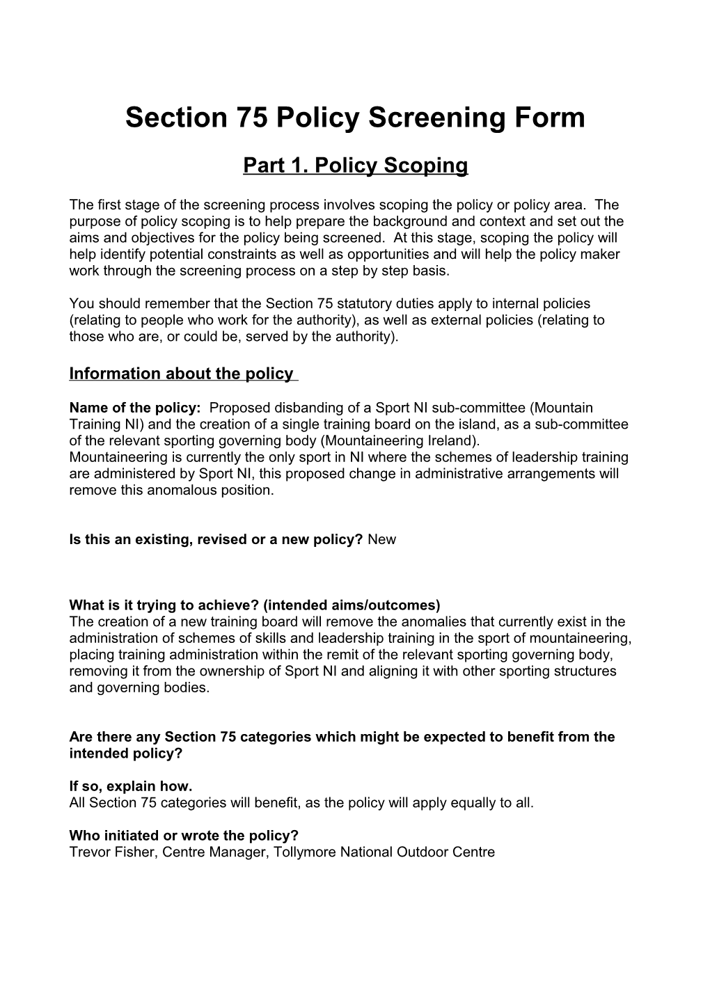 Section 75 Policy Screening Form