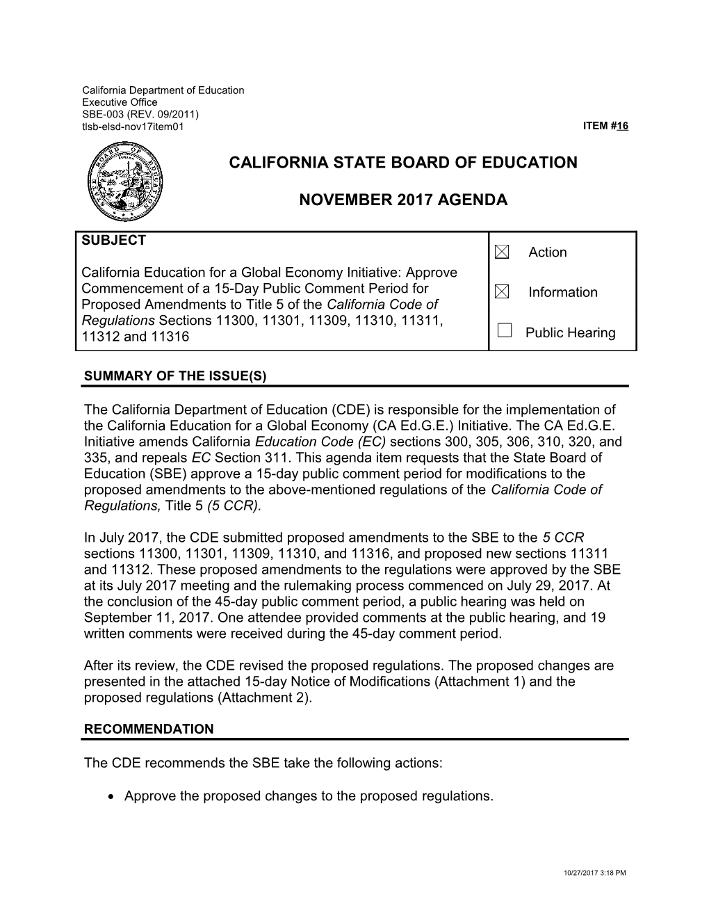 November 2017 Agenda Item 16 - Meeting Agendas (CA State Board of Education)