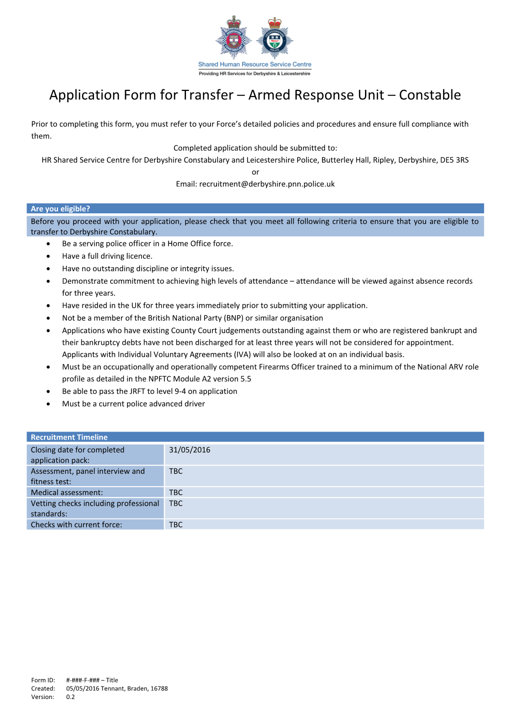 Application Form for Transfer - Armed Response Unit