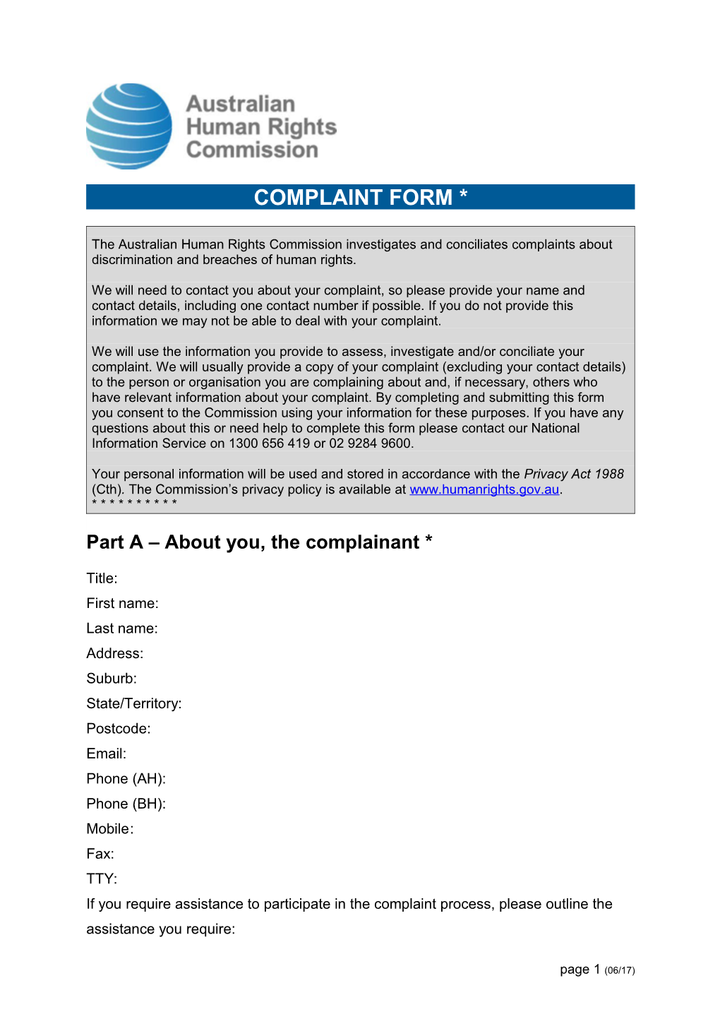 Complaint Form * s1