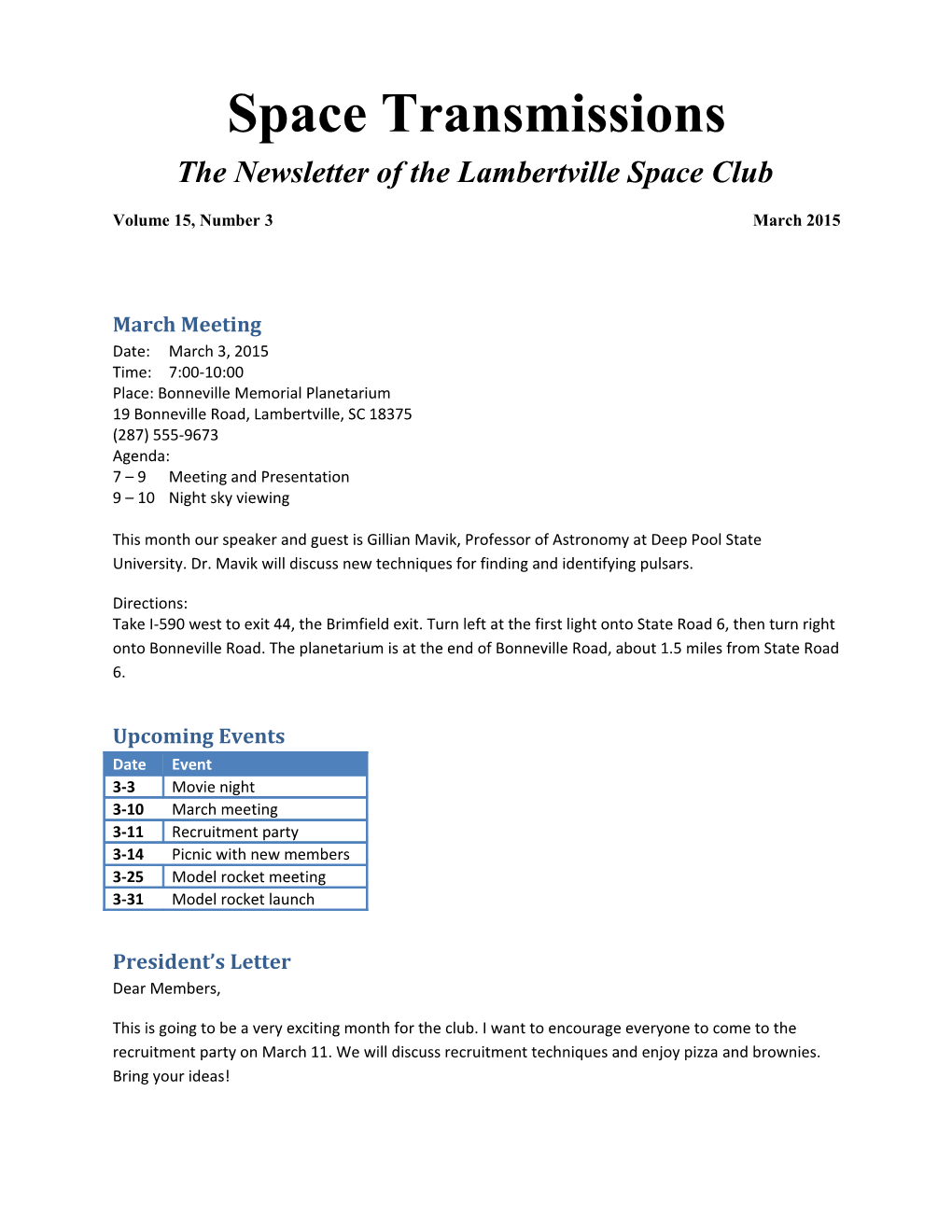 The Newsletter of the Lambertville Space Club
