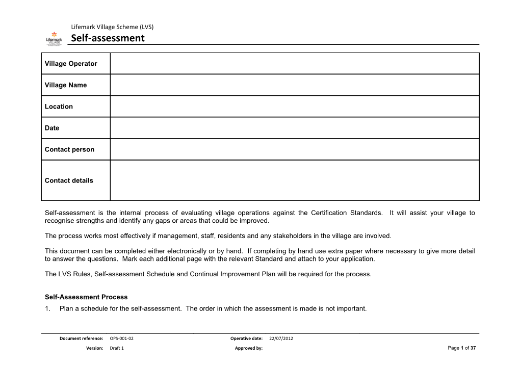 Australian Retirement Village Accreditation Self-Assessment