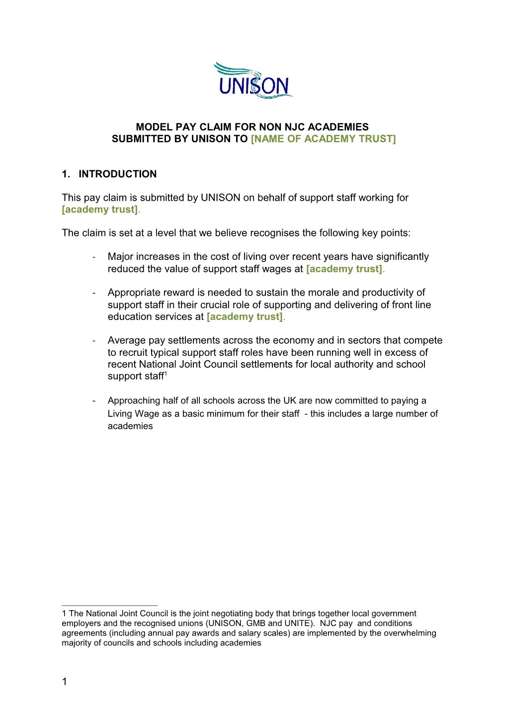 UNISON Model Pay Claim - Non NJC Academies (Word)