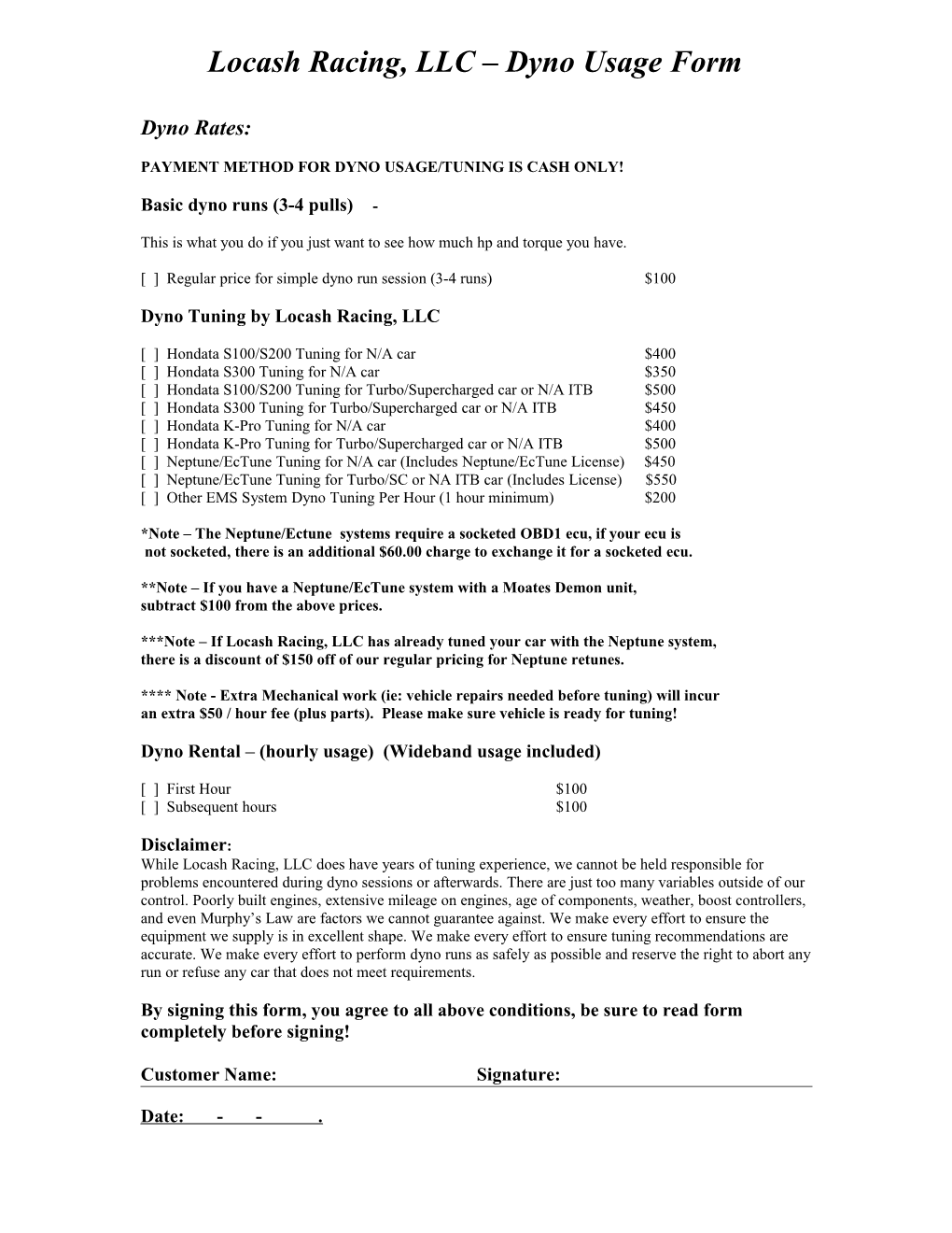 Locash Racing, LLC Dyno Usage Form