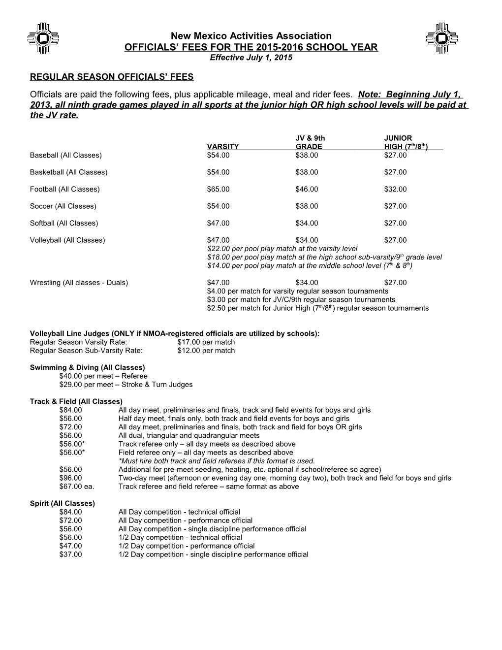 Officials Fees for the 2015-2016 School Year