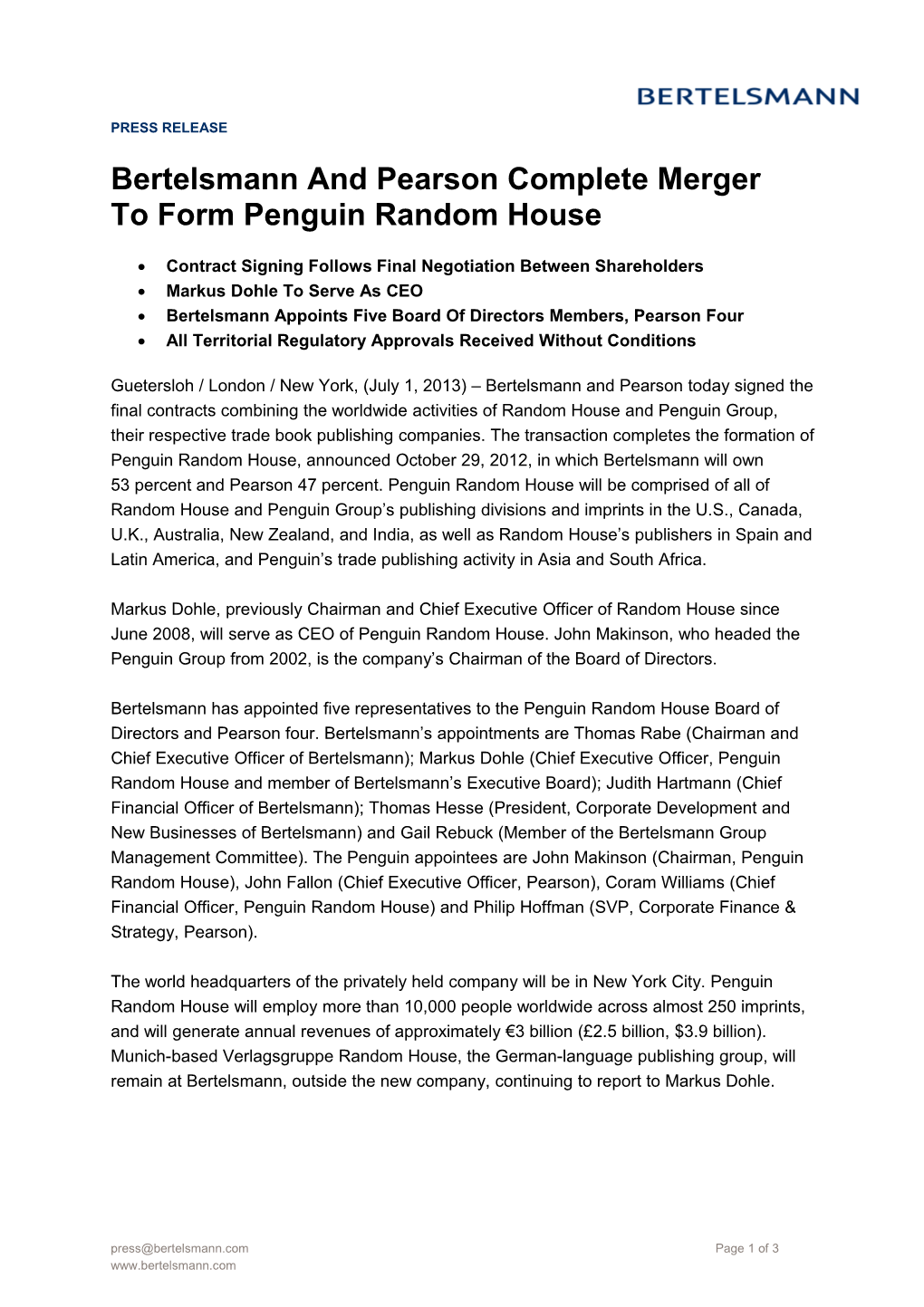 Bertelsmann and Pearson Complete Merger to Form Penguin Random House