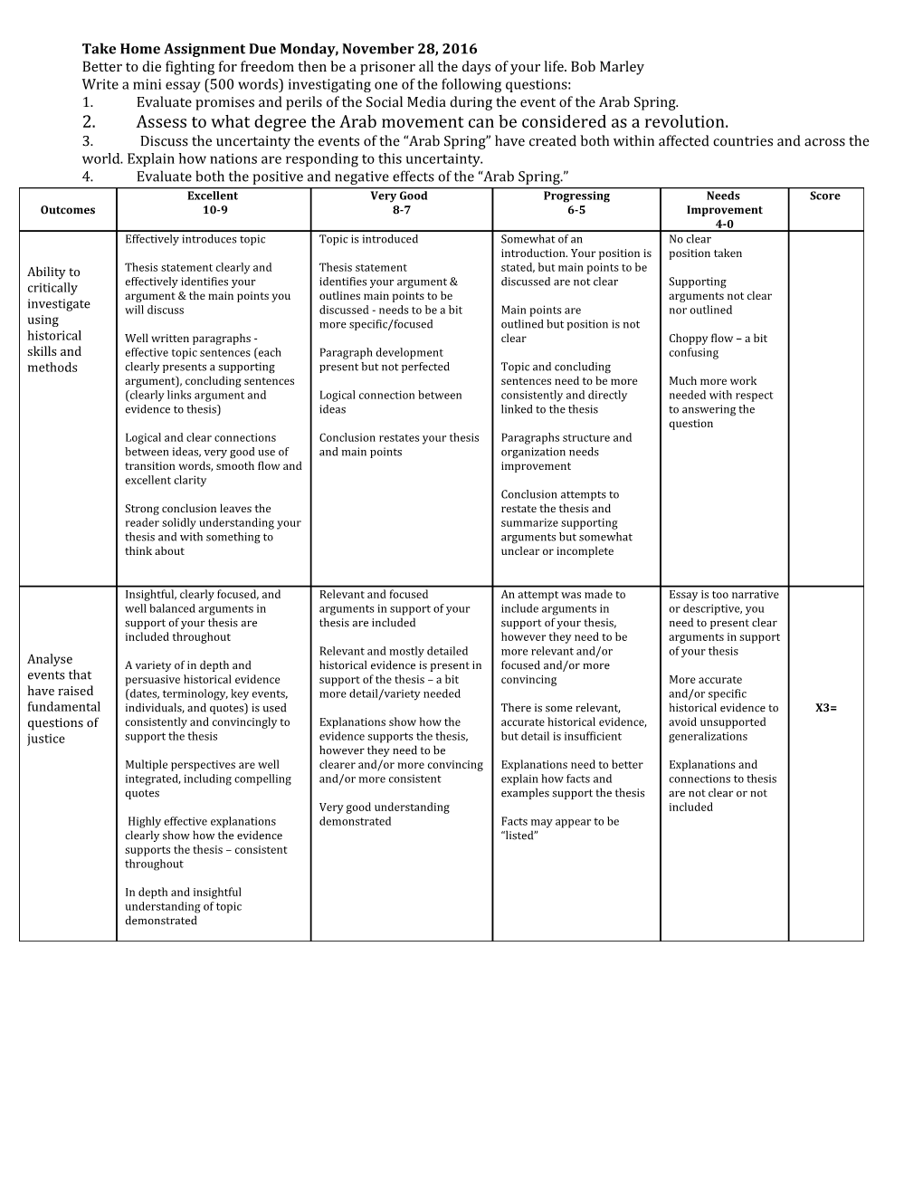 Take Home Assignment Due Monday, November 28, 2016