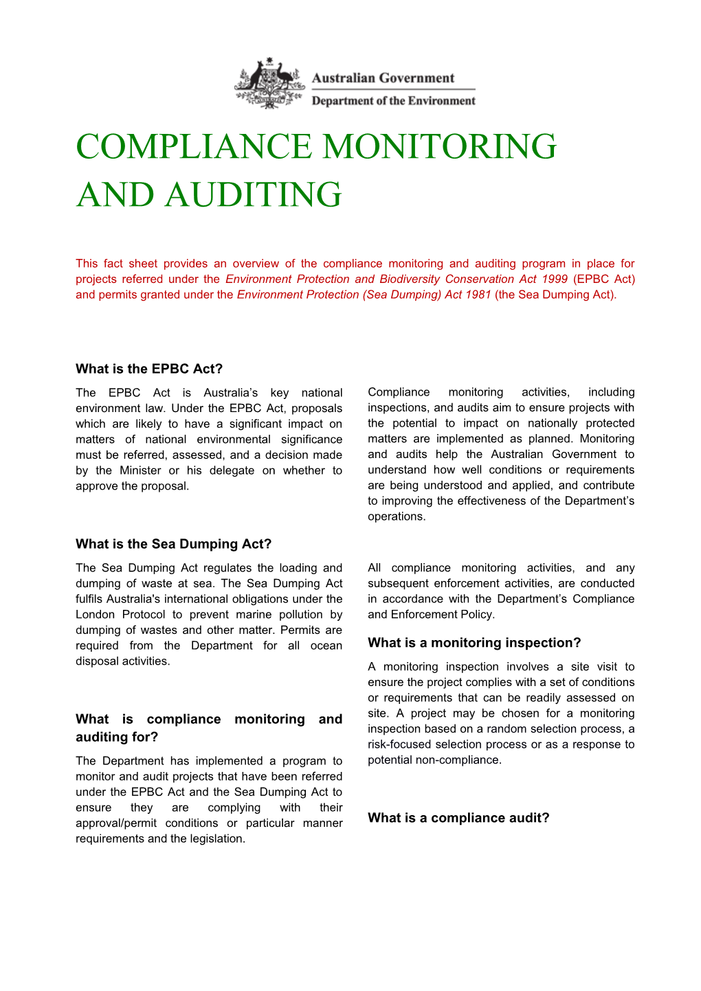 Compliance, Monitoring and Auditing Fact Sheet