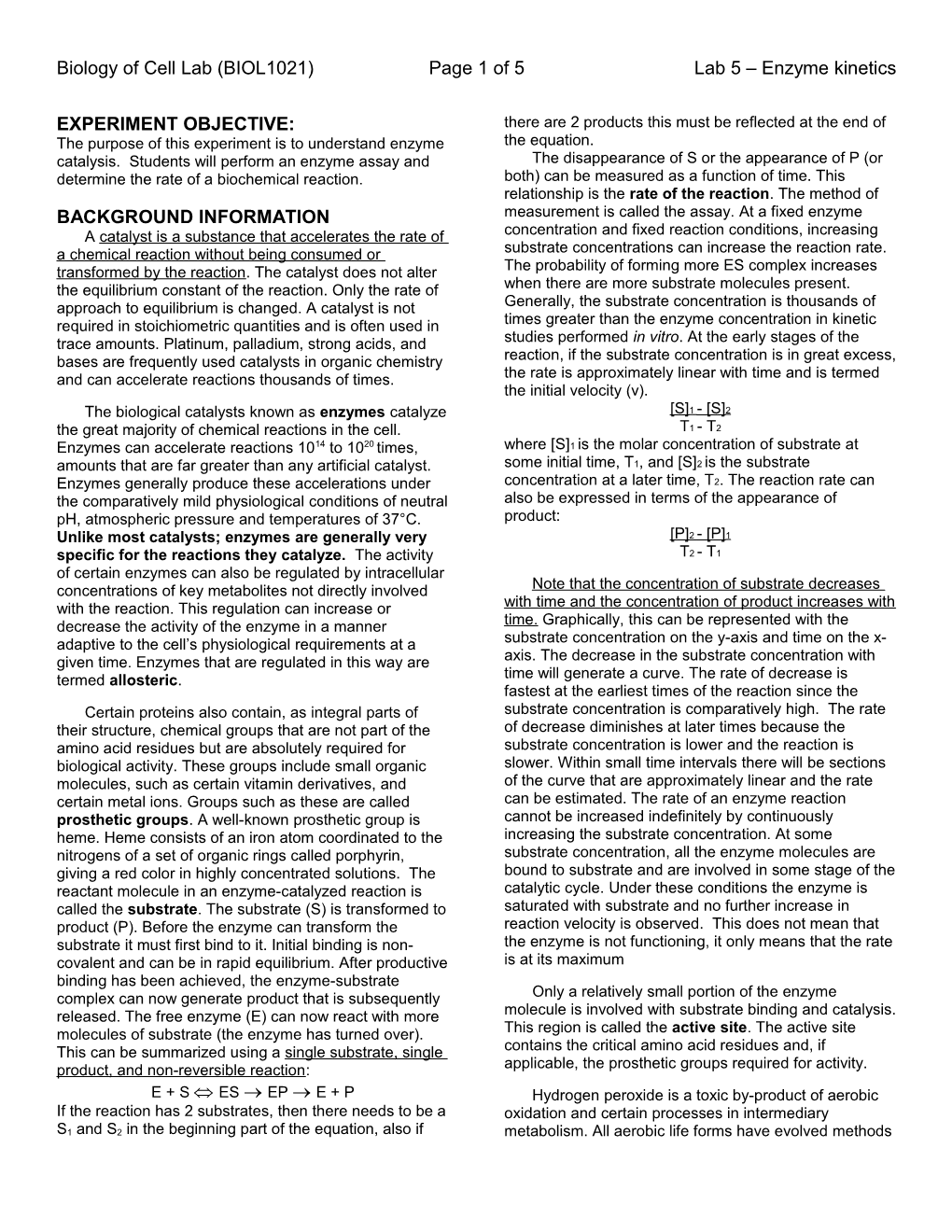 Biology of Cell Lab (BIOL1021) Page 4 of 4 Lab 5 Enzyme Kinetics