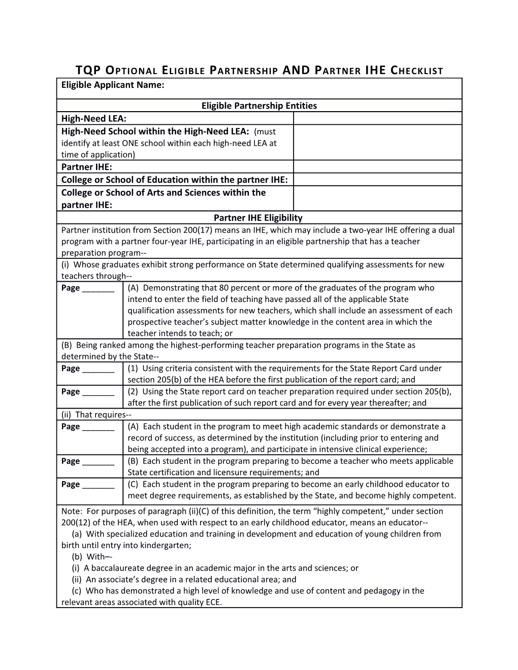 TQP OPTIONAL ELIGIBLE PARTNERSHIP and PARTNER IHE CHECKLIST (Word Doc)