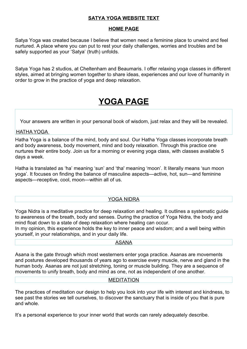 Satya Yoga Website Text