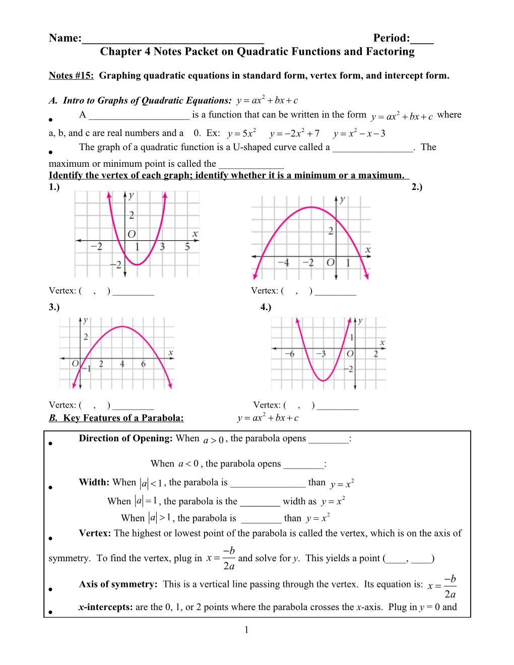Chapter 4 Notes Packet on Quadratic Functions and Factoring