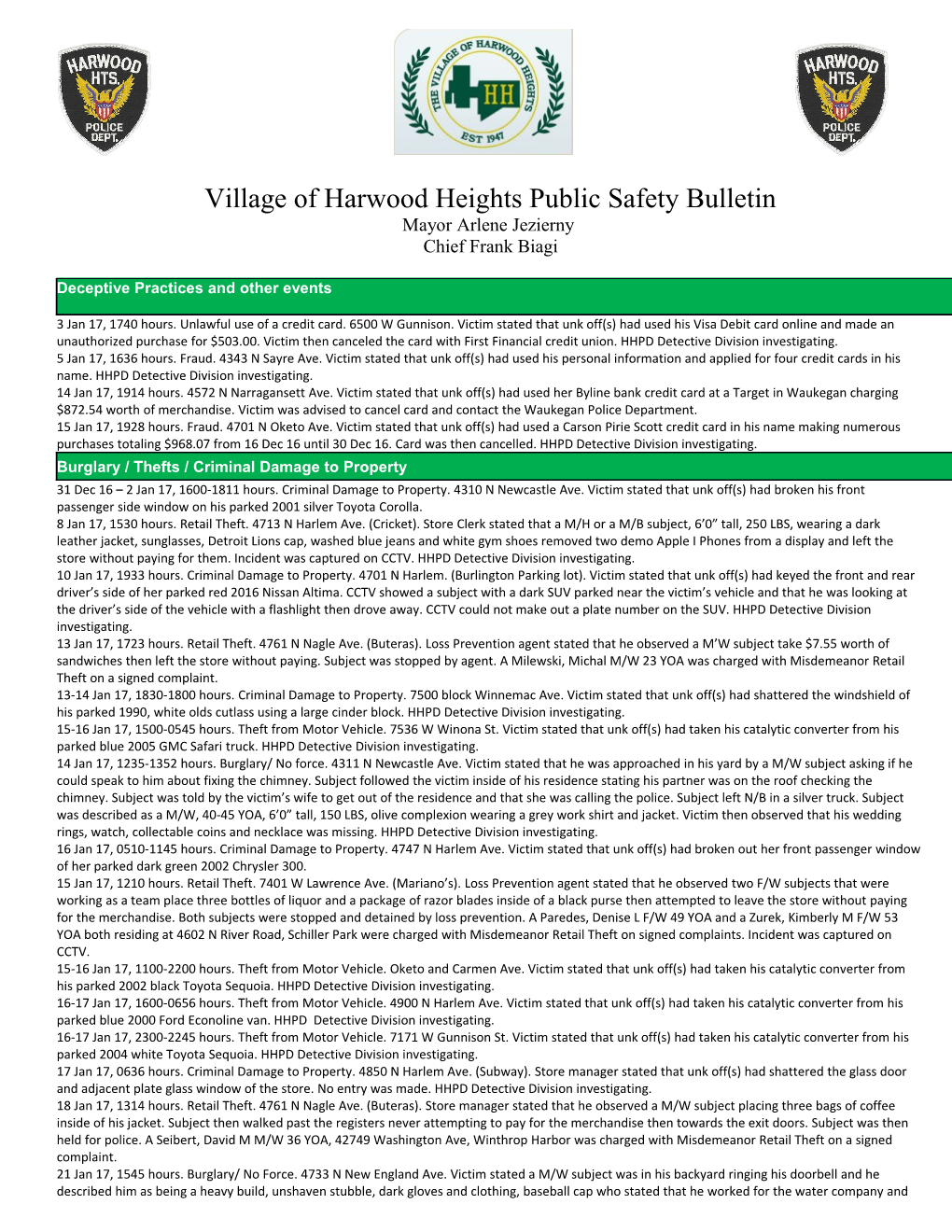 Village of Harwood Heights Public Safety Bulletin