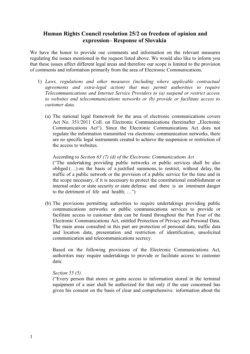 Human Rights Council Resolution 25/2 on Freedom of Opinion and Expression Response of Slovakia