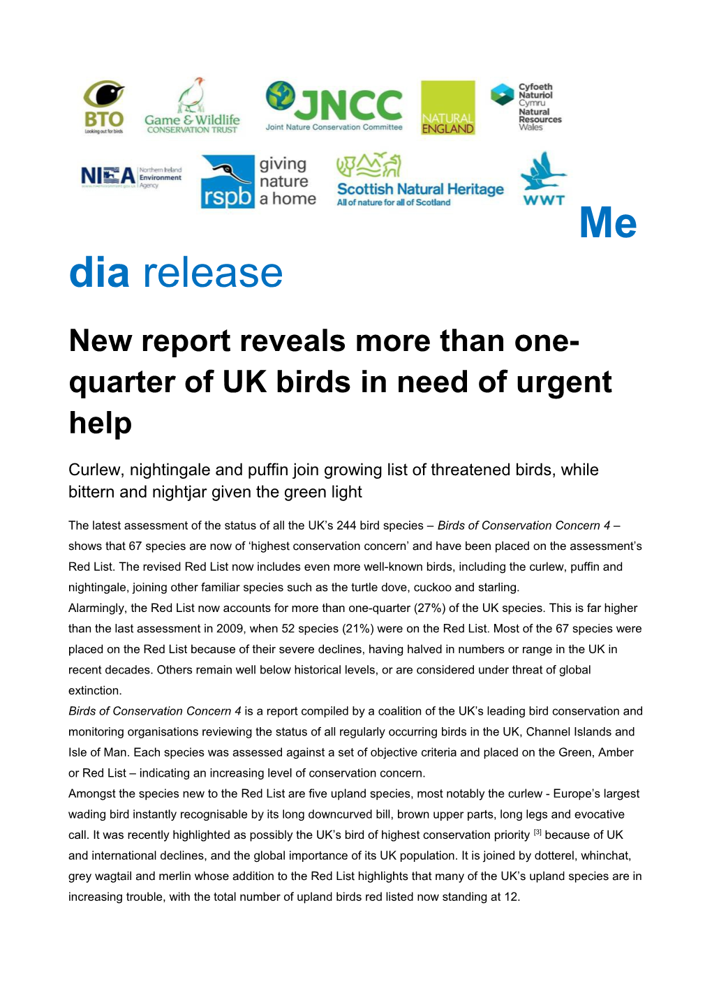 New Report Reveals More Than One-Quarter of UK Birds in Need of Urgent Help