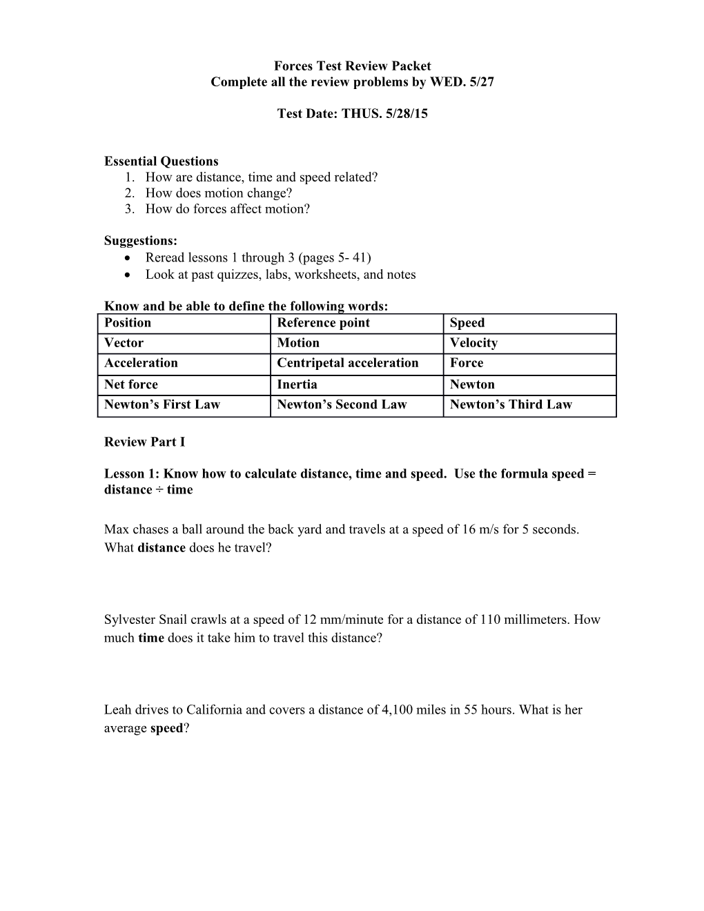 Forces Test Review Packet