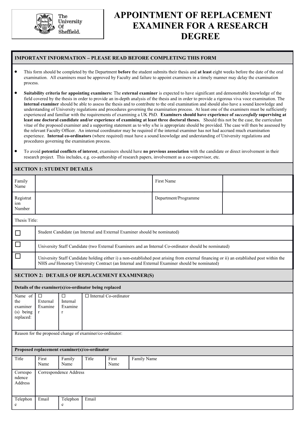 Appointment of Replacement Examiner for a Research Degree