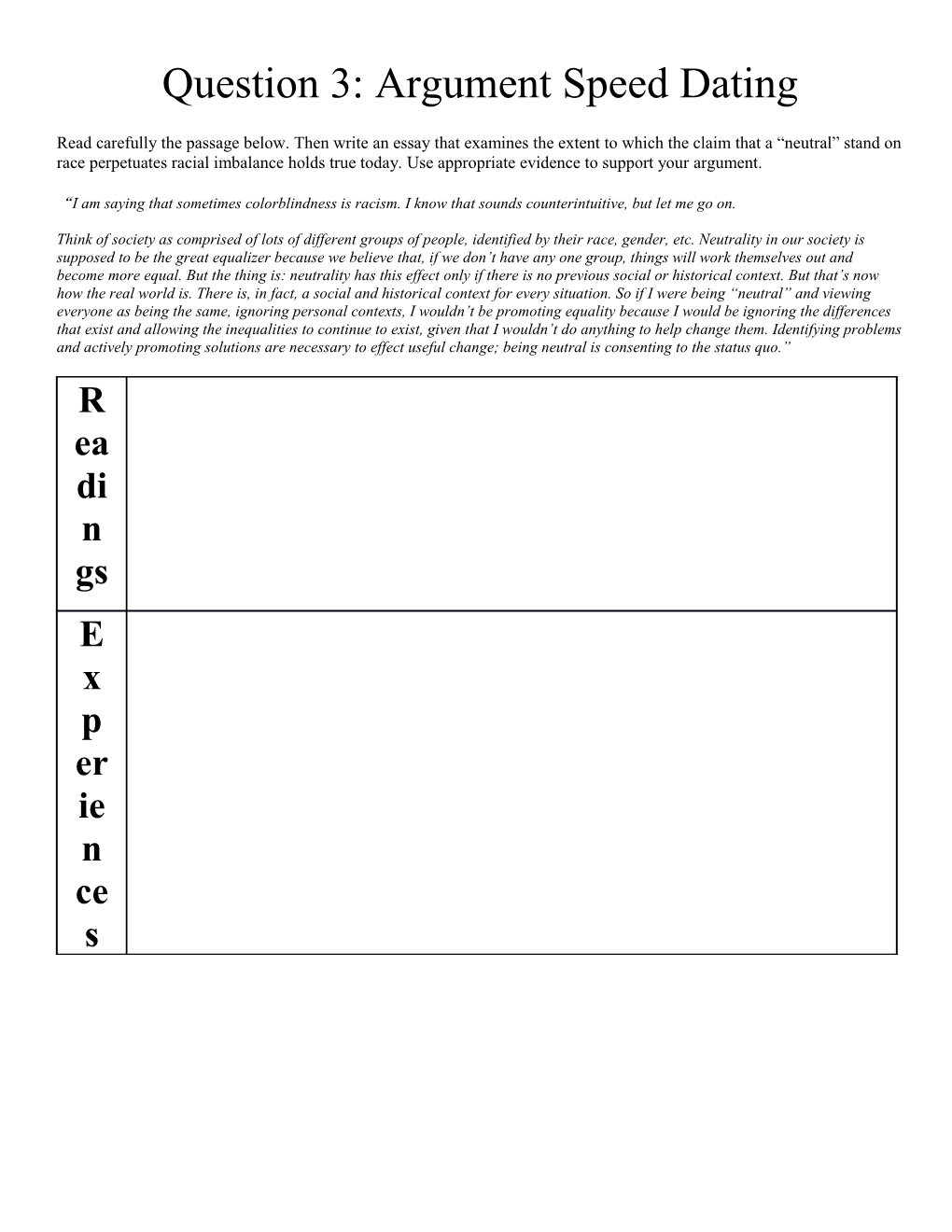 Question 3: Argument Speed Dating