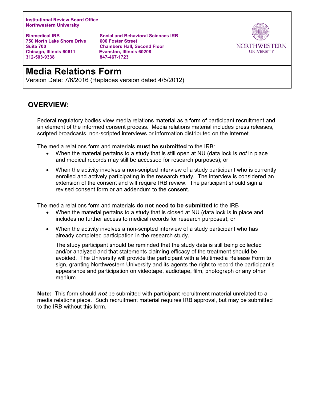Media Relations Form and Instructions