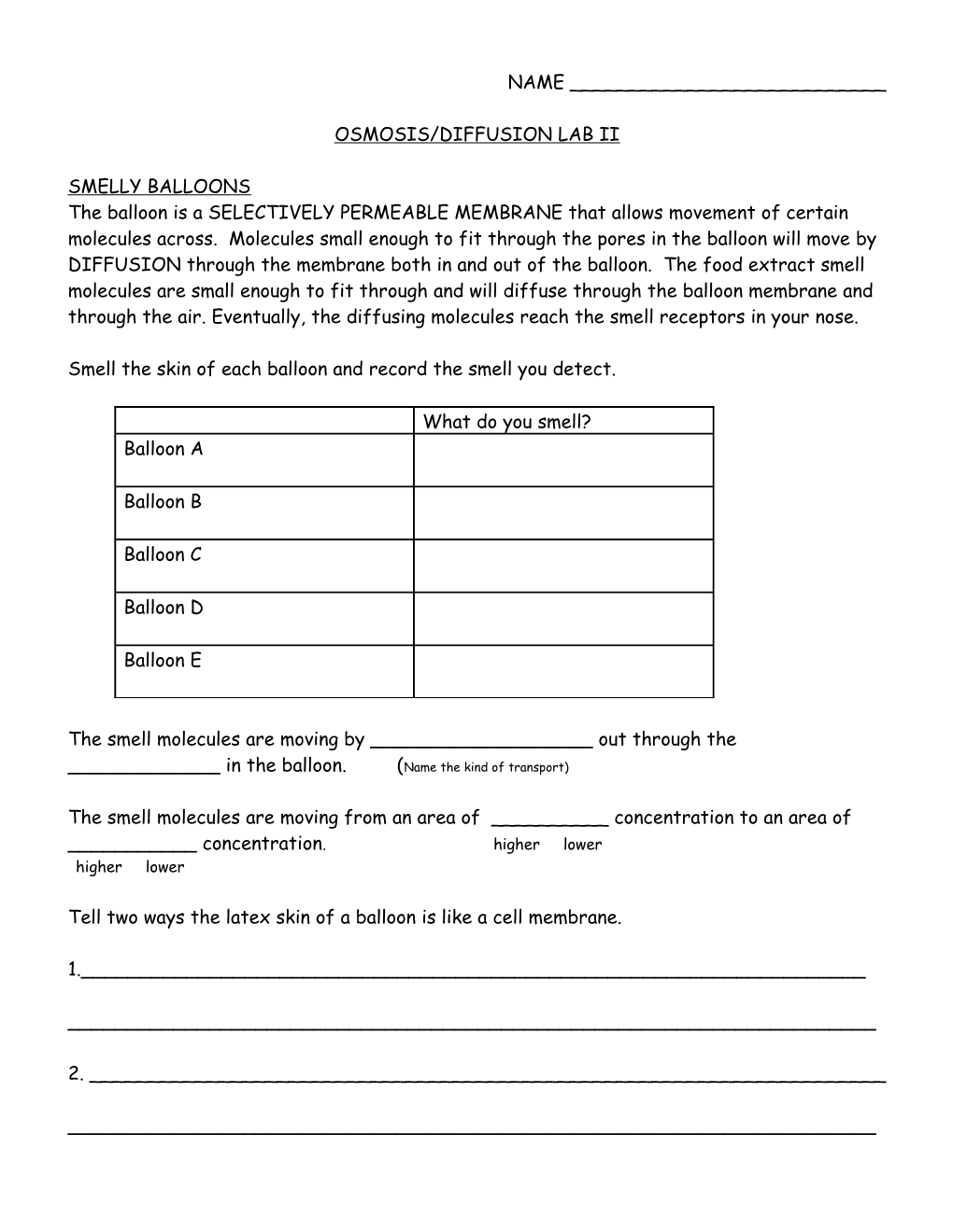 Osmosis/Diffusion Lab Ii