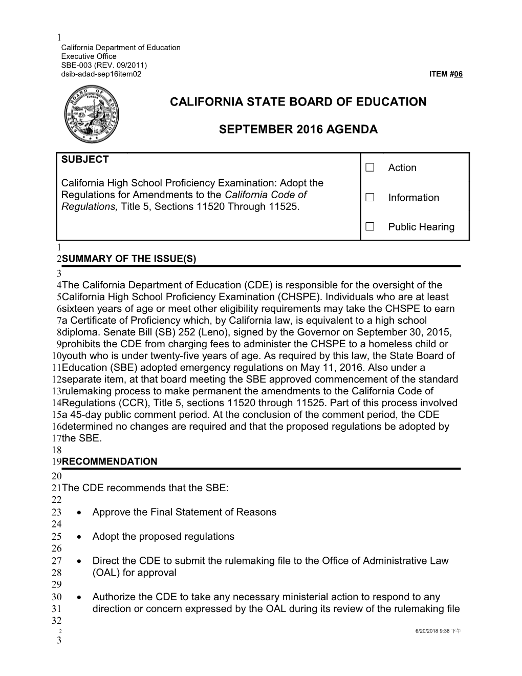 September 2016 Agenda Item 06 - Meeting Agendas (CA State Board of Education)