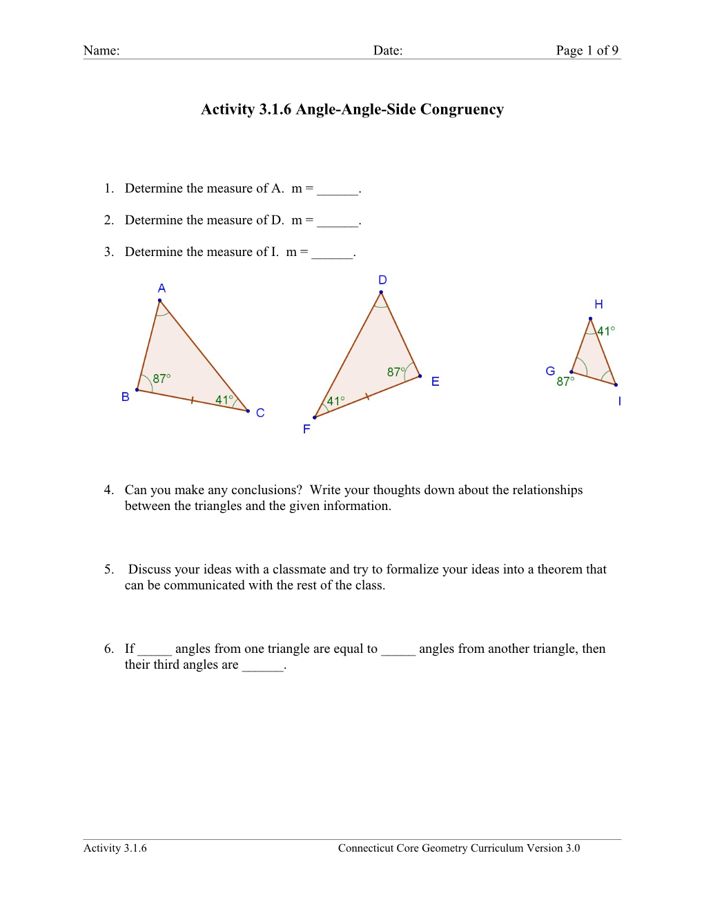Activity 3.1.6 Angle-Angle-Side Congruency