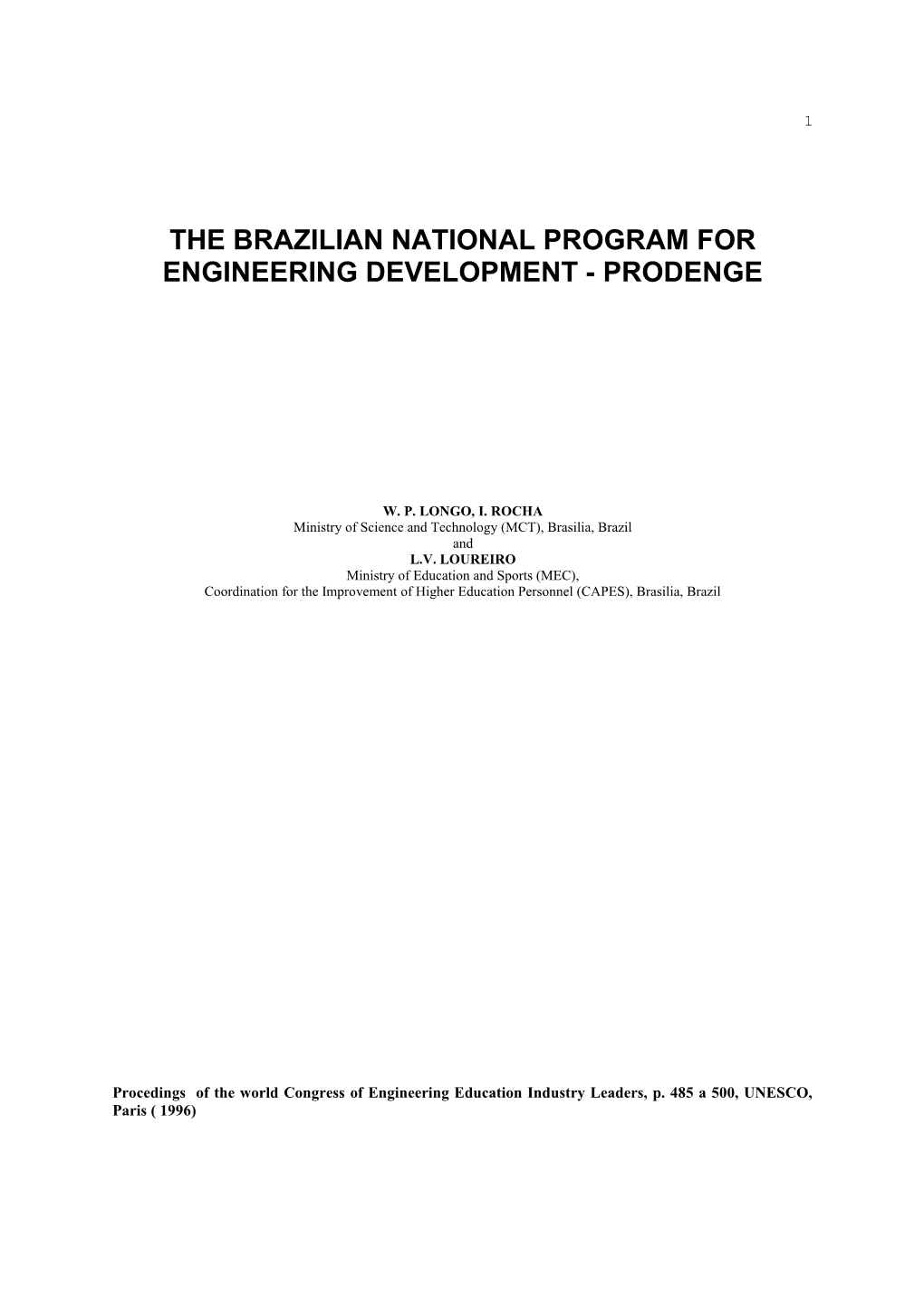 The Brazilian National Program for Engineering Development - Prodenge