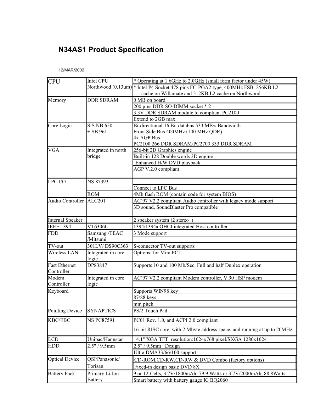 N34AS1 Product Specification 12/MAR/2002