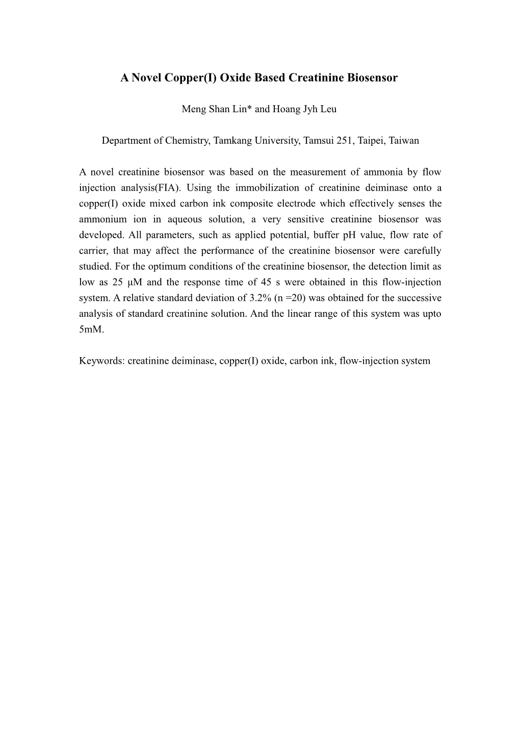 Metal Oxide Modified Electrode for Ammonia Ion and the Application of Creatinine Biosensor