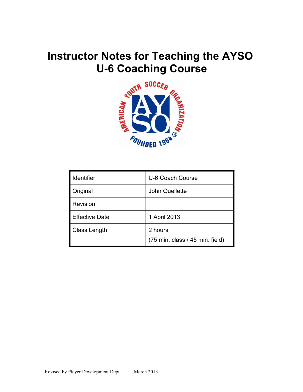 Instructor Notes for Teaching the AYSO