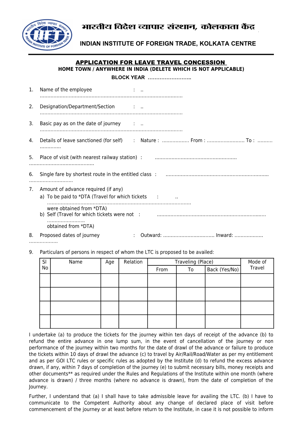 Application Cum Sanction Order for Leave Travel Concession