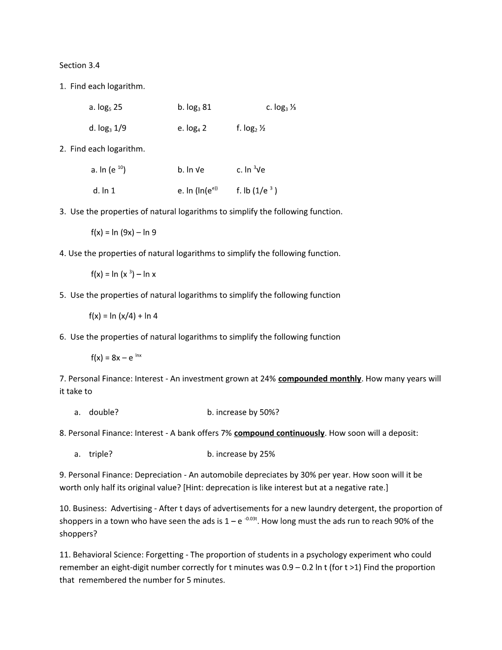 3. Use the Properties of Natural Logarithms to Simplify the Following Function