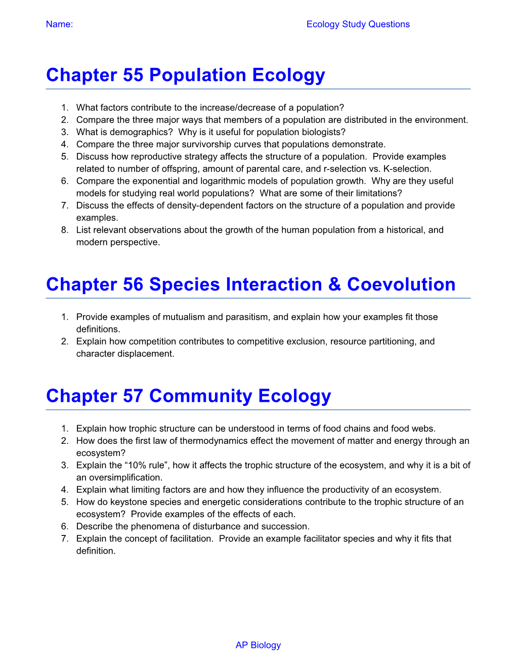 Name: Ecology Study Questions