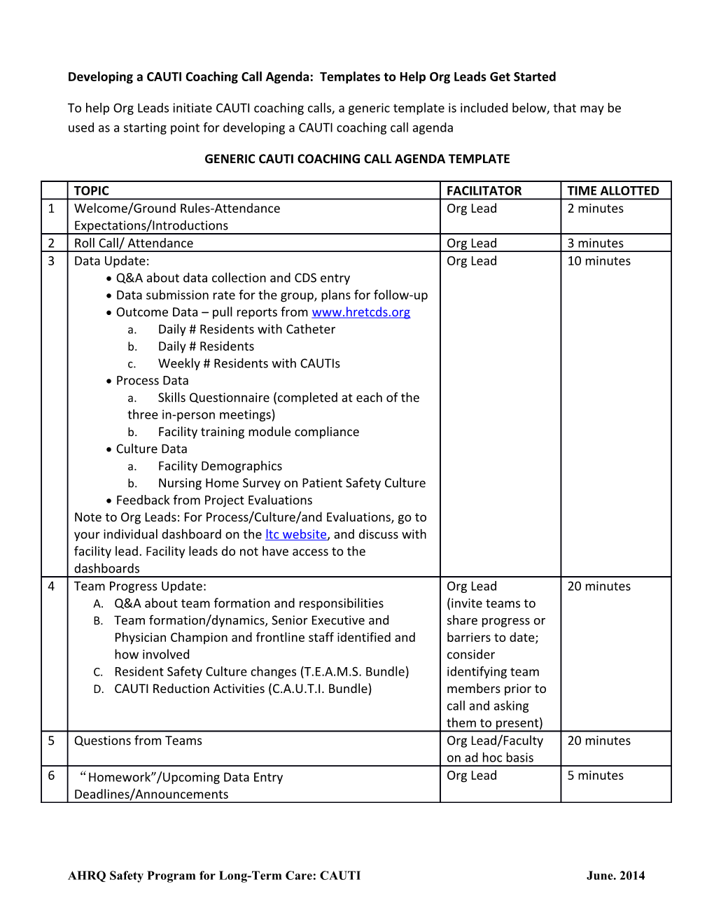 Developing a CAUTI Coaching Call Agenda: Templates to Help Org Leads Get Started