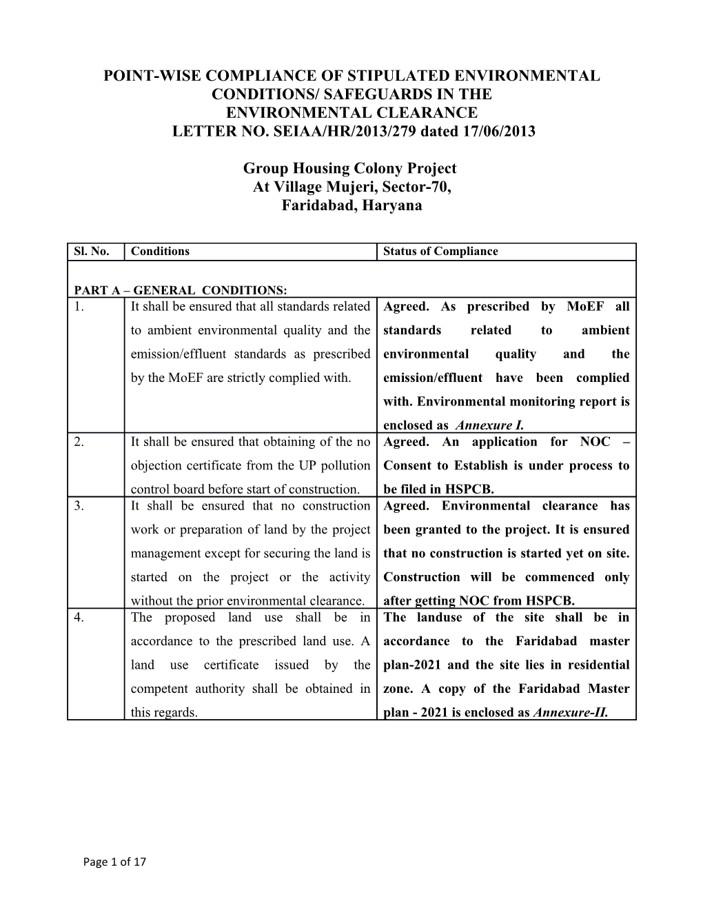 Point-Wise Compliance of Stipulated Environmental Conditions/ Safeguards in The