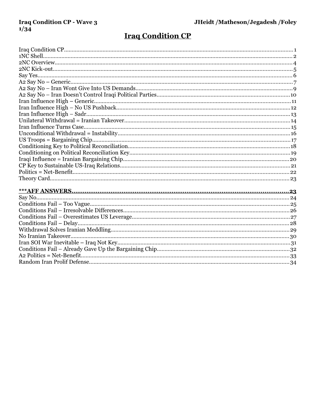 Iraq Condition CP - Wave 3 Jheidt /Matheson/Jegadesh /Foley