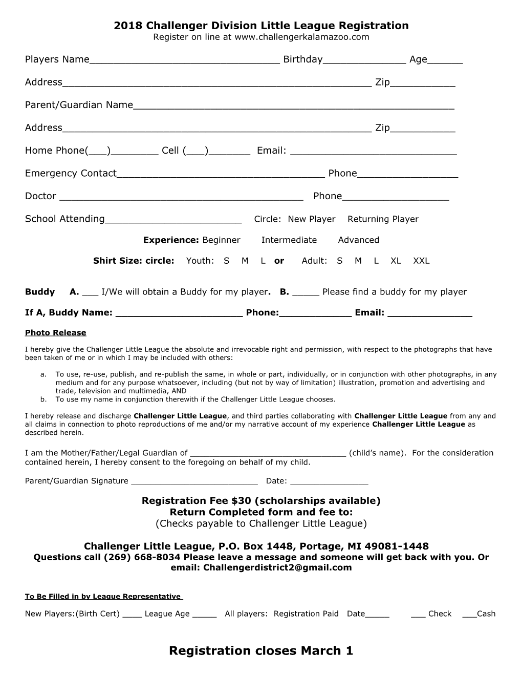 Challenger Division Little League Registration