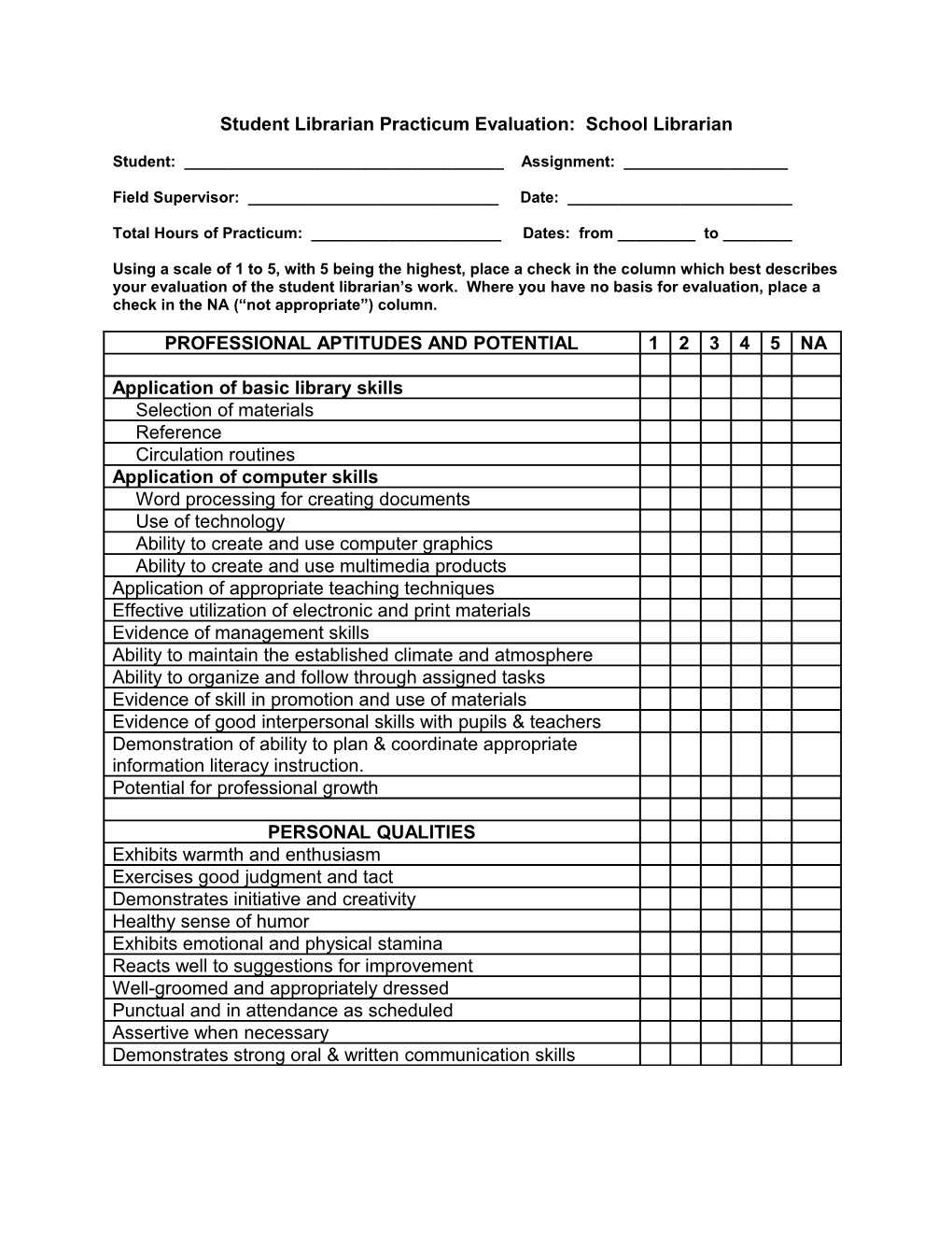 Student Librarian Practicum Evaluation: School Librarian